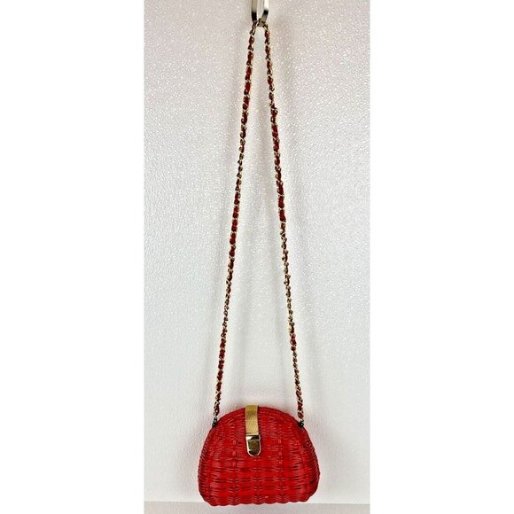 Red Woven Hard Shell Lined Crossbody 21" Gold Chain Strap Bag Gold Snap READ - Picture 8 of 16